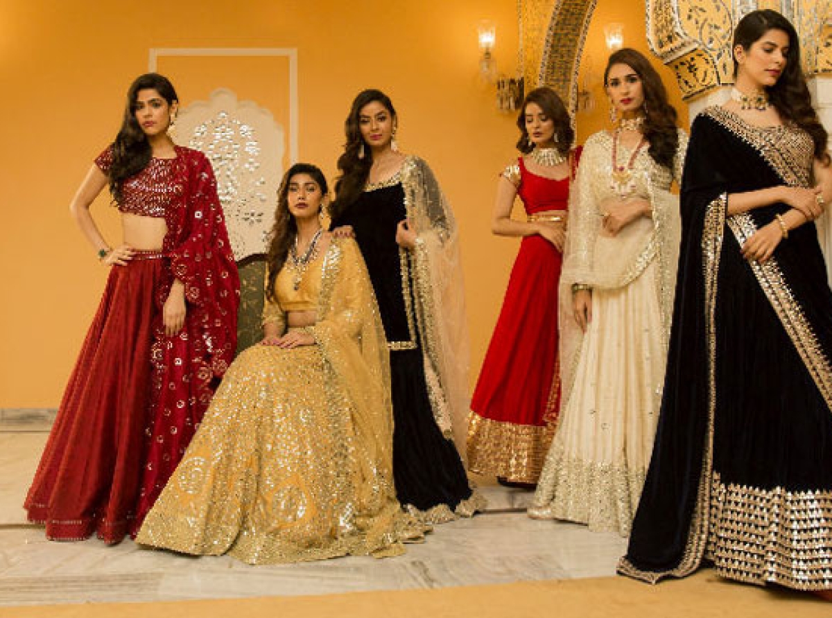 Buy Multi Color Lehenga And Dupatta- Chanderi Printed Bridal Set For Women  by Abhinav Mishra Online at Aza Fashions.